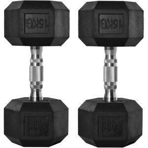 HOMCOM Rubber Hex Dumbbells, 2x15kg, Portable Hand Weights for Home Gym Fitness, Non-Slip Grip, Black