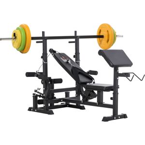 HOMCOM Weight Bench with Adjustable Barbell Rack, Leg Extension, Preacher Curl Pad and 20kg Barbell Set HOMCOM Weight Bench with Adjustable Barbell Rack, Leg Extension, Preacher Curl Pad and 20kg Barbell Set