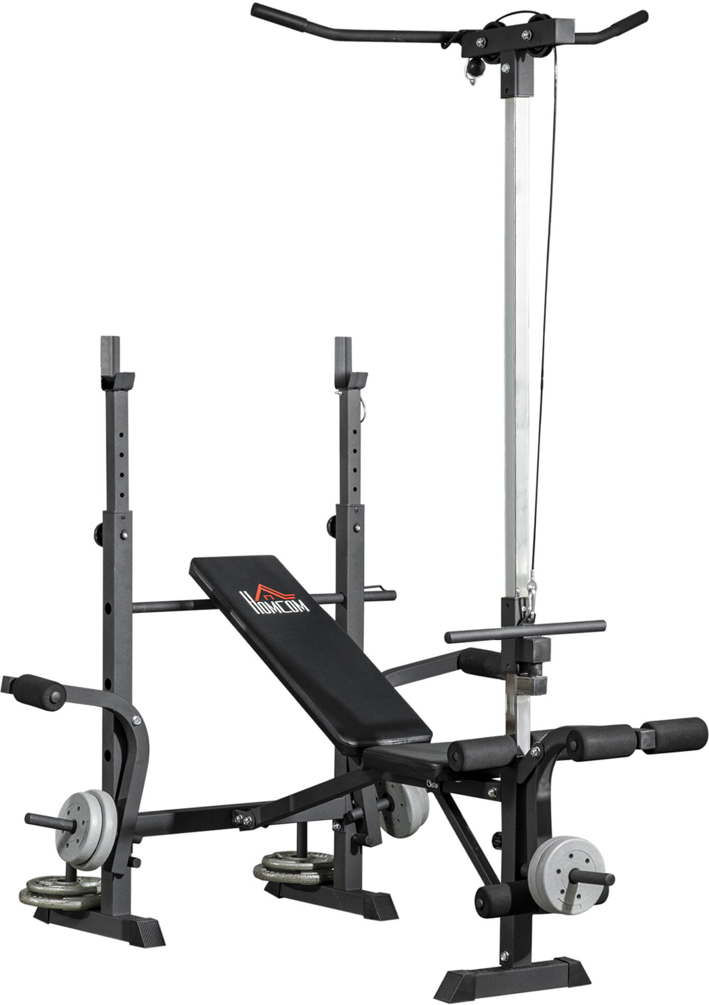 HOMCOM Adjustable Weight Bench with Pulley System, Incline Bench Press Set with Squat Rack, Leg Developer, Butterfly and Weight Storage, for Home Gym Full Body Workout