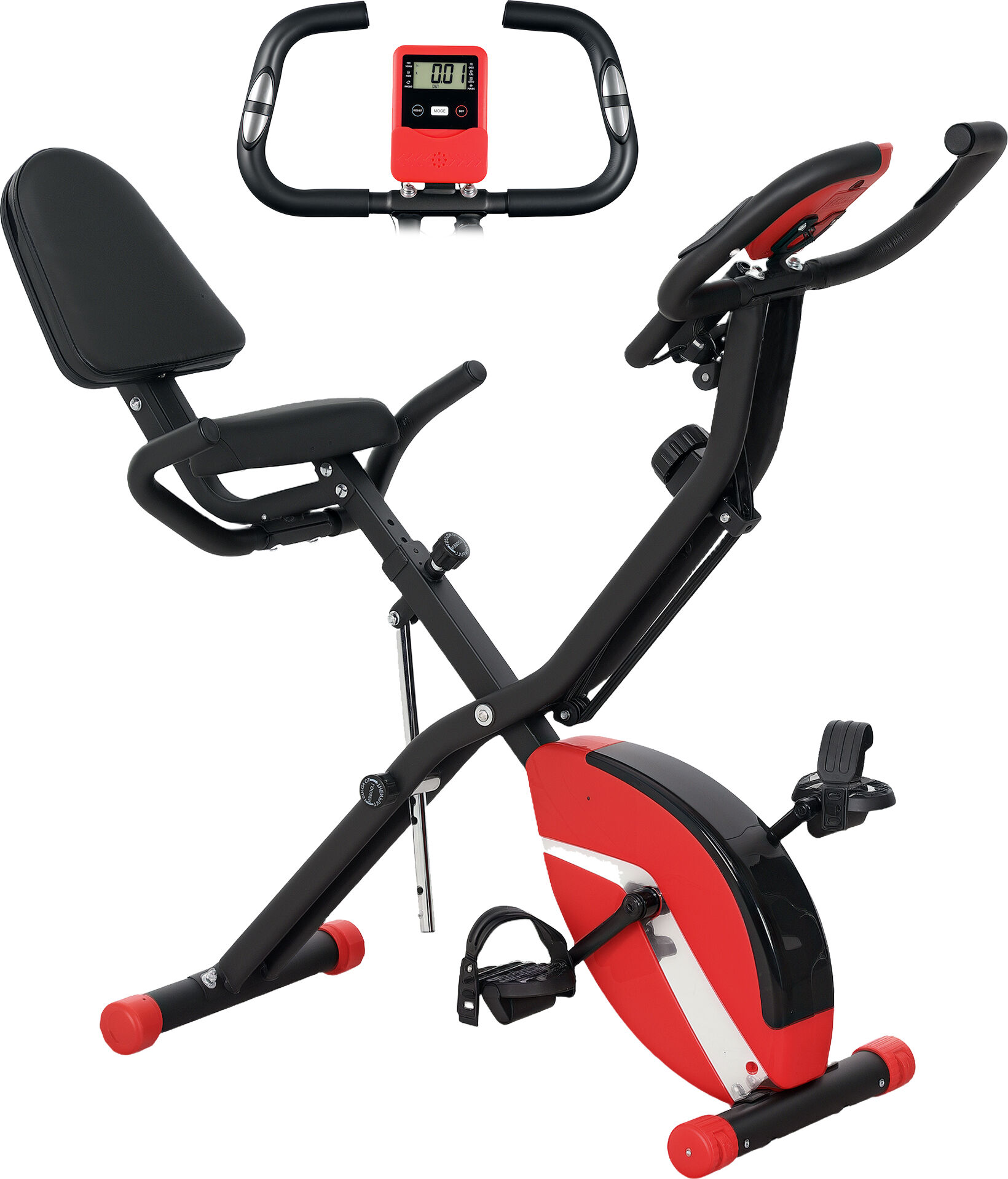 SPORTNOW Folding Exercise Bike with Arm Workout Bands, 8-Level Magnetic Resistance Foldable Exercise Bike with LCD and Tablet Holder, Red