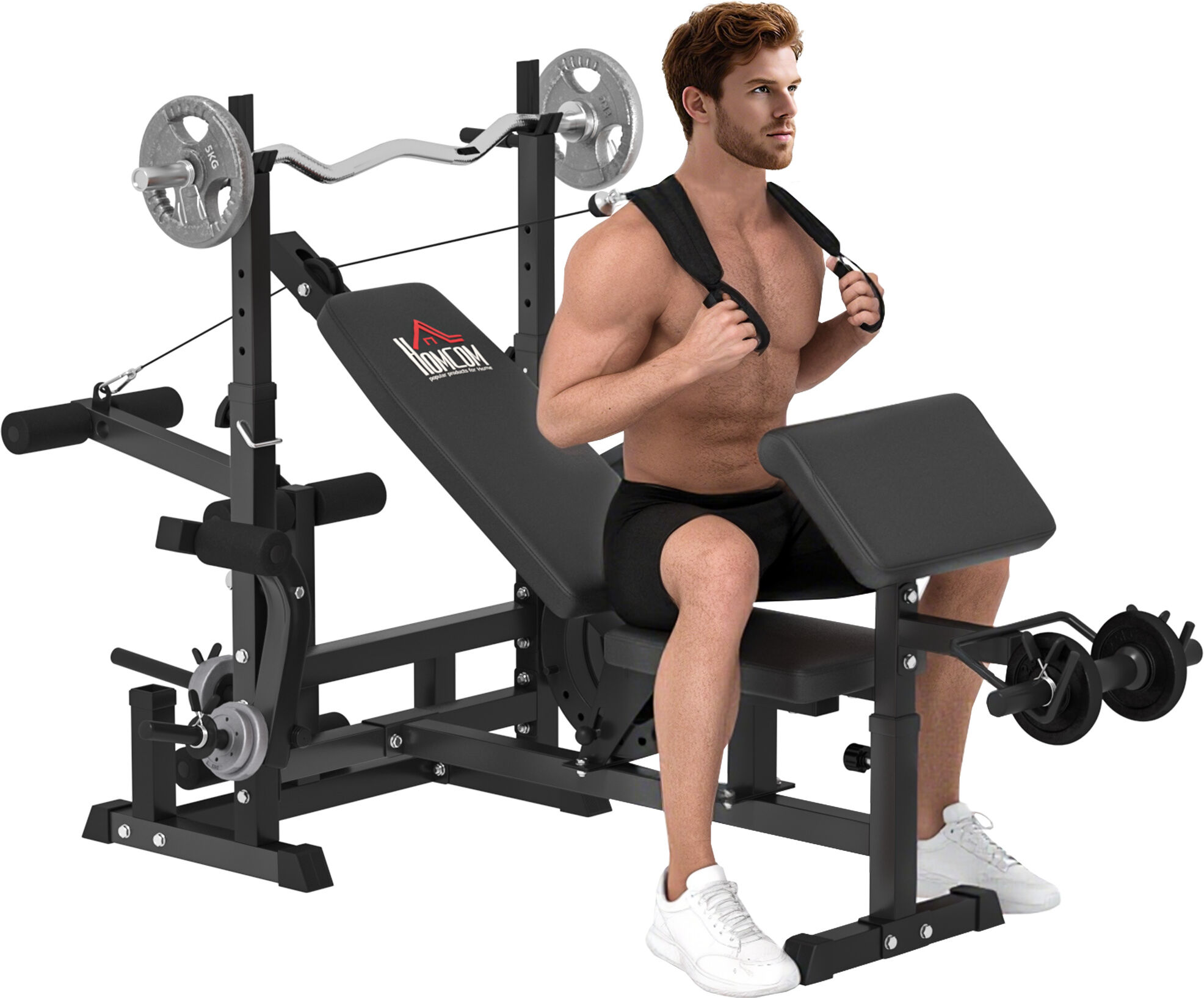 HOMCOM Multi-Exercise Full-Body Weight Rack with Bench Press, Leg Extension, Chest Fly Resistance Band & Preacher Curl