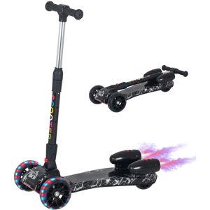 HOMCOM Kids 3 Wheel Scooter Adjustable Height w/ Flashing Wheels Music Water Spray Foldable Design Cool On Off Road Vehicle Black