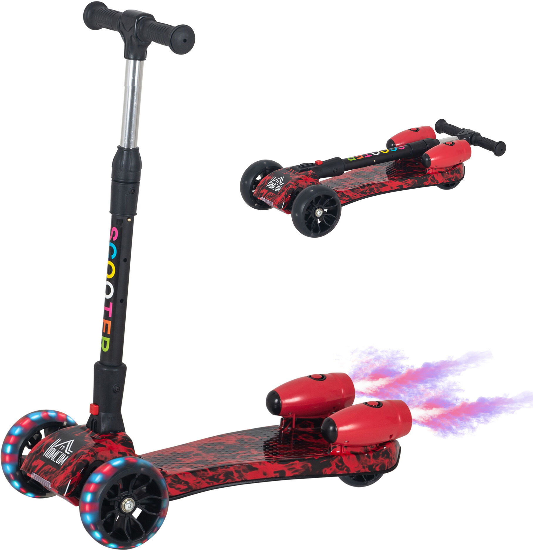 HOMCOM Kids 3 Wheel Kick Scooter Adjustable Height w/ Flashing Wheels Music Water Spray Foldable Design Cool On Off Road Vehicle Red