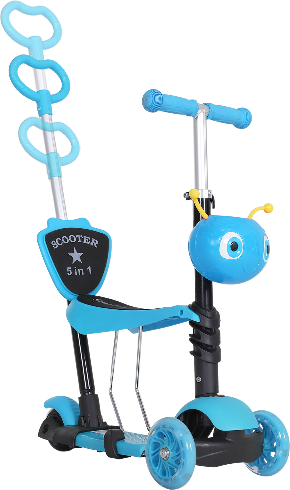 HOMCOM 5-in-1 Kids Toddler 3 Wheels Mini Kick Scooter Push Walker with Removable Seat & Back Rest for Girls and Boys Blue