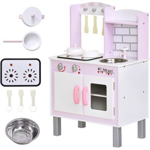 HOMCOM Kids Kitchen Play Set Wooden Pretend Play Toy w/ Sounds Utensils Pans Storage Child Role Play Accessories for 3 Years+ Pink