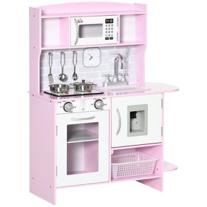 HOMCOM Wooden Play Kitchen with Lights Sounds, Kids Kitchen Playset with Water Dispenser, Microwave, Utensils, Sink, Gift for 3-6 Years Old, Pink
