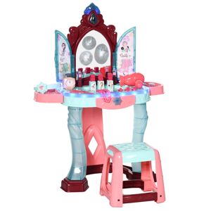 HOMCOM 31 Piece Children's Dressing Table Set with Enchanted Princess Mirror, Musical and Light-Up Beauty Kit, for Ages 3-6, Blue and Pink