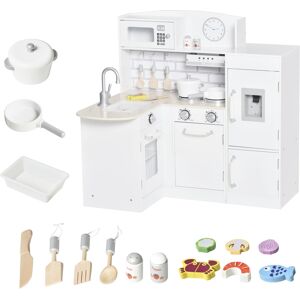 HOMCOM Kids Play Kitchen Wooden Toy Kitchen Cooking Set for Children with Drinking Fountain, Microwave, and Fridge White