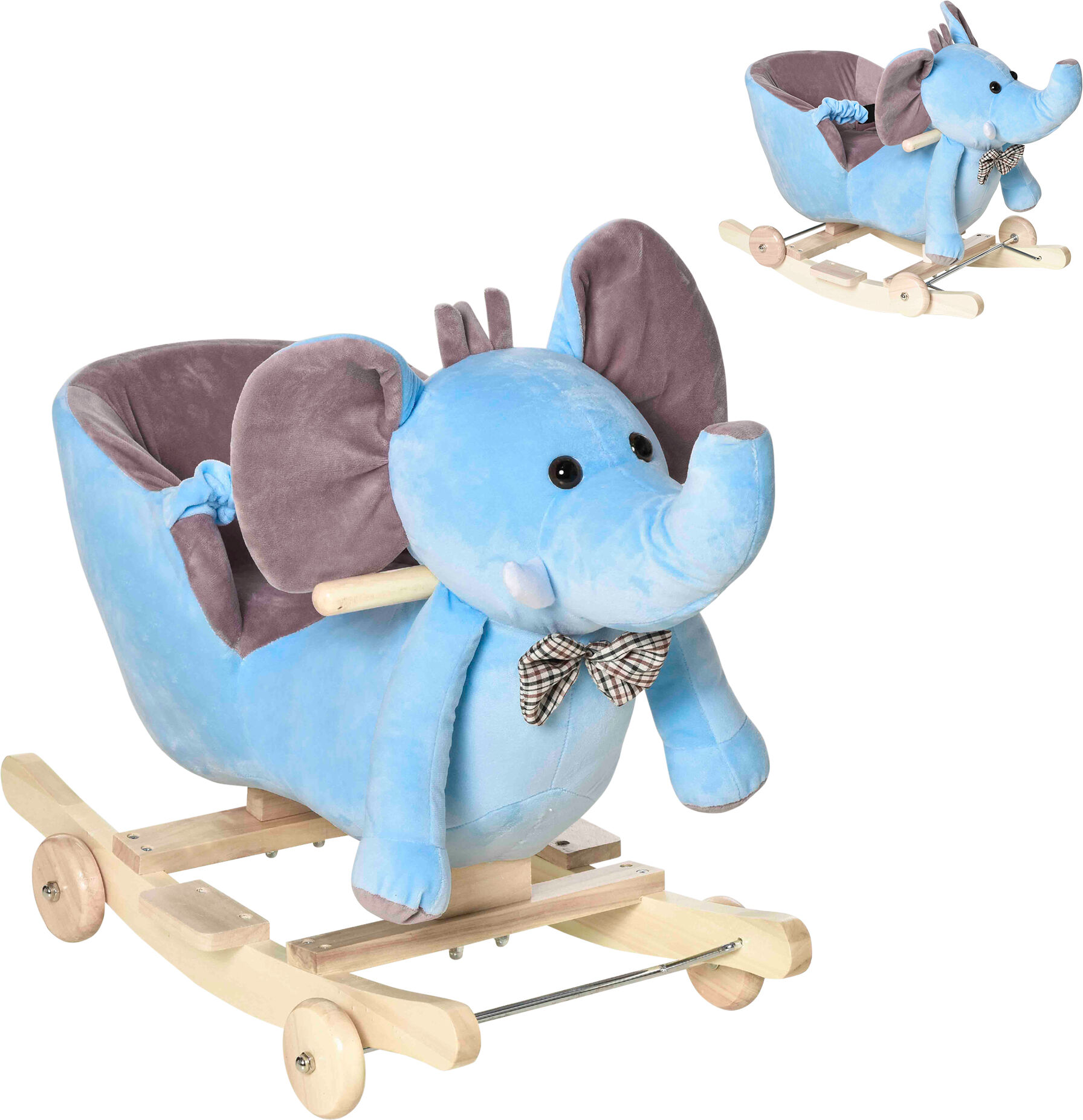 HOMCOM 2 In 1 Plush Baby Ride on Rocking Horse Elephant Rocker with Wheels Wooden Toy for Kids 32 Songs (Blue)