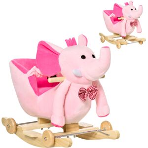 HOMCOM 2 In 1 Plush Baby Ride on Rocking Horse Elephant Rocker with Wheels Wooden Toy for Kids 32 Songs (Pink)