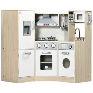 HOMCOM Interactive Wooden Play Kitchen for Children, Pretend Play Set with Sounds, Lights, Phone, Microwave, Fridge, Ice Maker