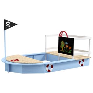 Outsunny Kids Wooden Sandbox, Pirate Ship Design, Spacious Outdoor Play Area, Nautical Blue