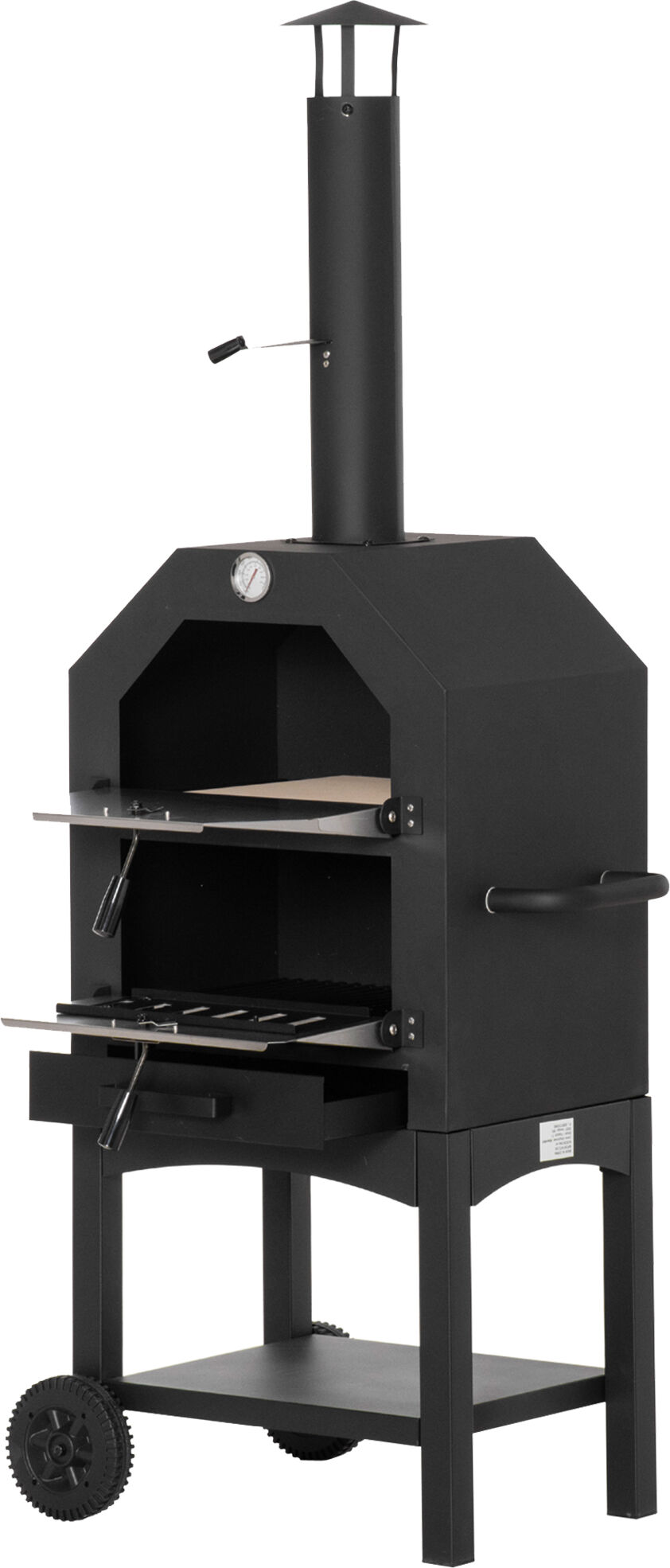 Outsunny Outdoor Garden Pizza Oven Charcoal BBQ Grill 3-Tier Freestanding Grill w/ Chimney, Mesh Shelf, Thermometer Handles, Wheels Aosom UK