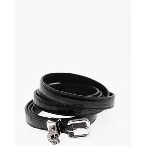 Alexander McQueen Crocodile Effect Leather Slim Belt with Skull Charm 15mm size 85 - Female