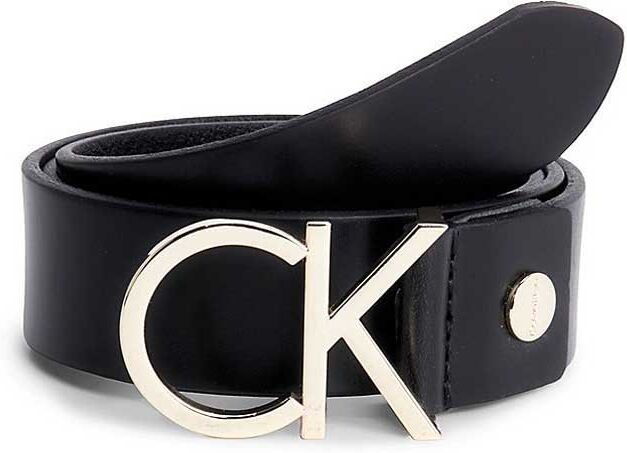 Calvin Klein Logo Belt Black Leather & Light Gold Buckle 90 cm Women