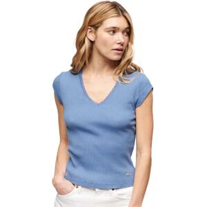 Superdry Essential Lace Trim Short Sleeve V Neck T-shirt Wedgewood Blue 2XS-XS Women Superdry Essential Lace Trim Short Sleeve V Neck T-shirt Wedgewood Blue 2XS-XS Women
