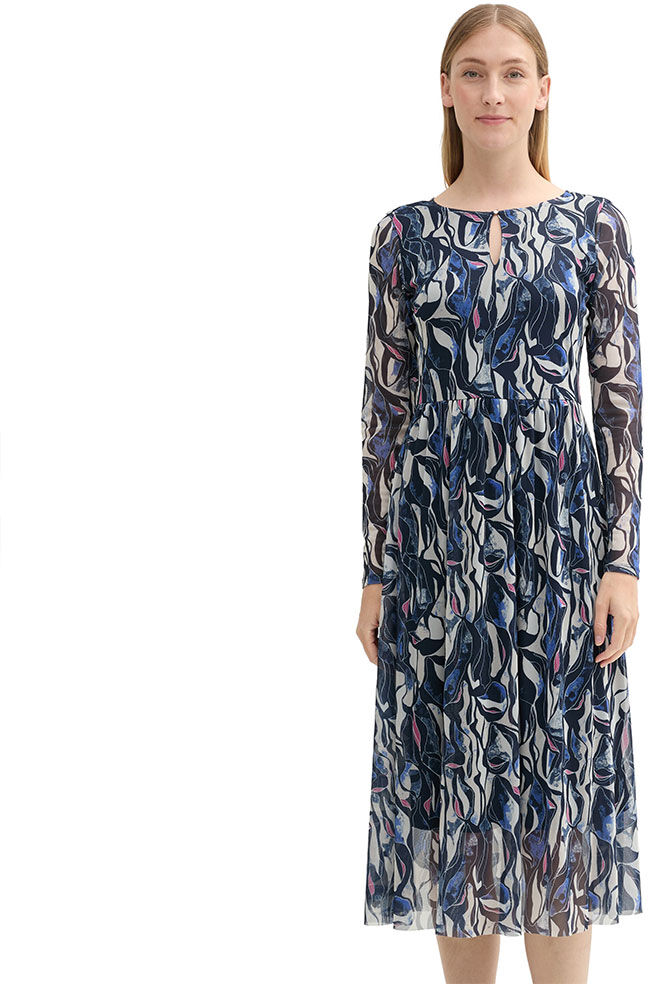 Tom Tailor Printed Mesh Long Sleeve Midi Dress Organic Shapes Design 38 Women