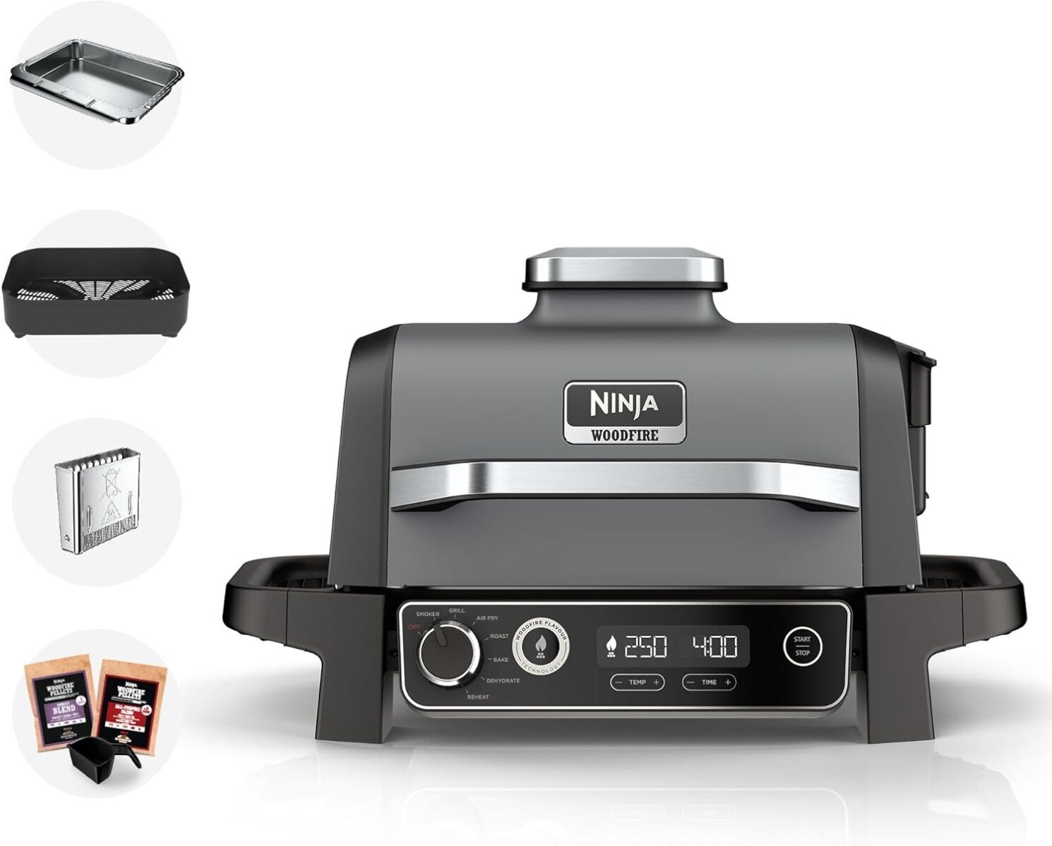 Ninja OG701UK Woodfire Electric Bbq/Grill and Smoker - Grey Lid / Black Body