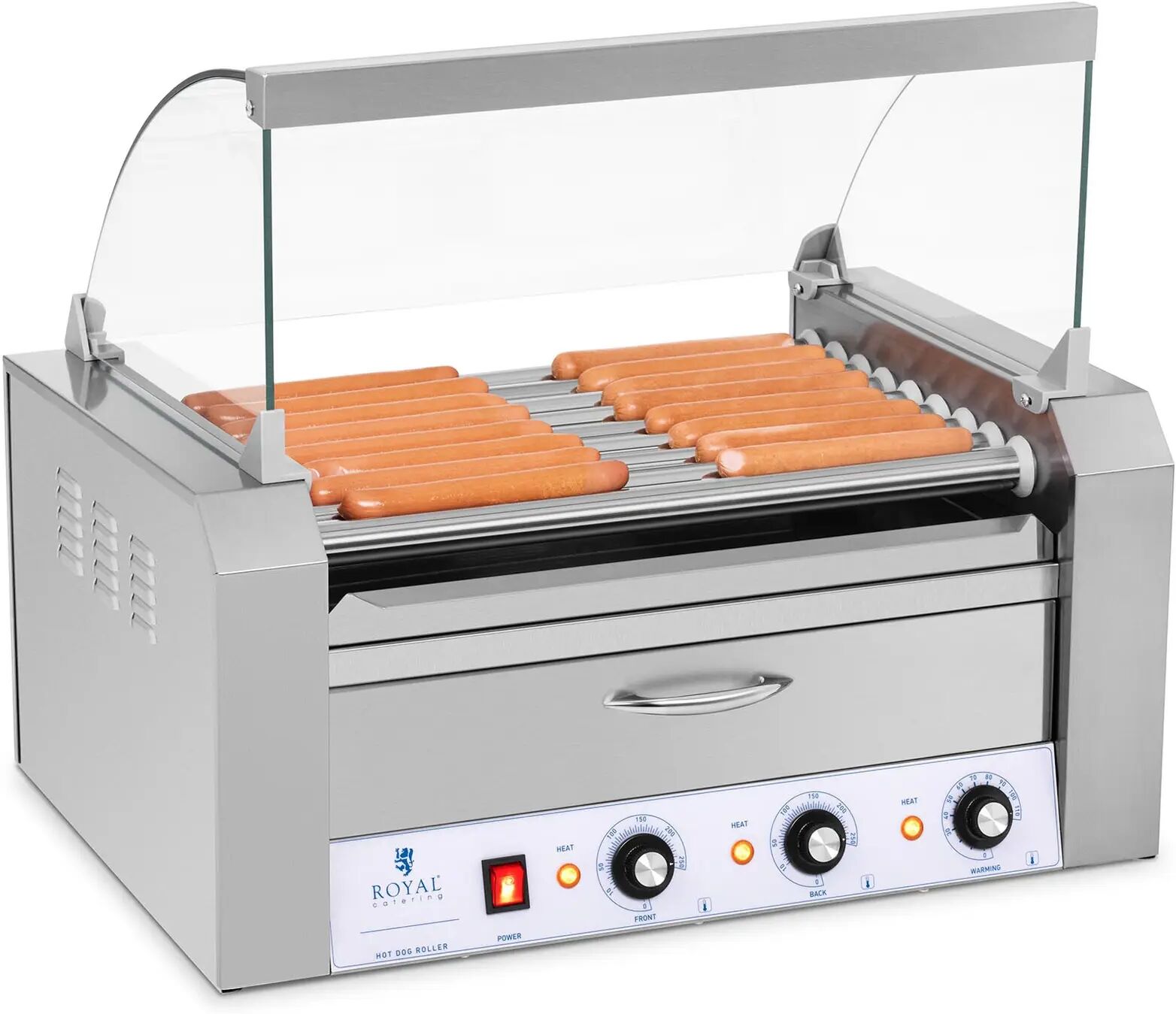 Royal Catering Hotdog Grill - 9 rollers - Warming drawers - Stainless steel RCHG-9WO