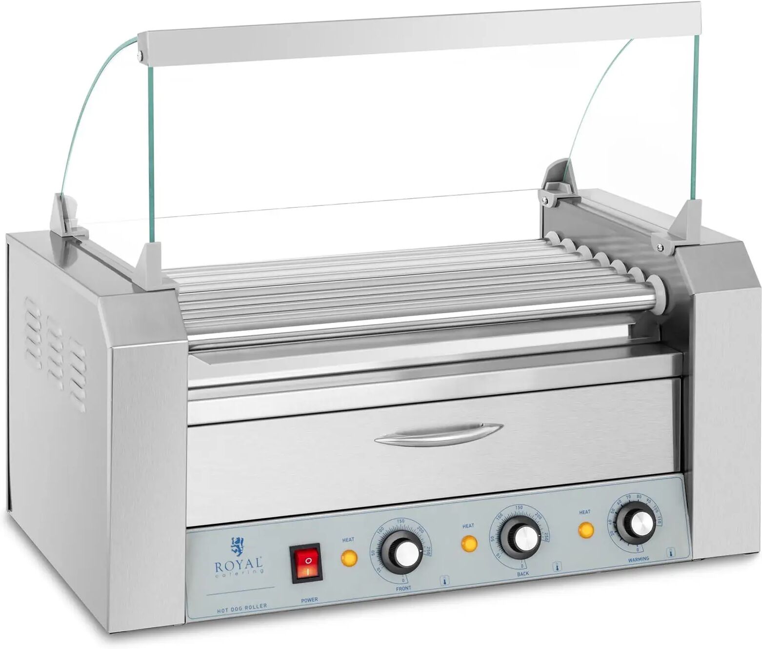 Royal Catering Hot Dog Grill - 7 rollers - warming drawer - stainless steel RC-RG7DC