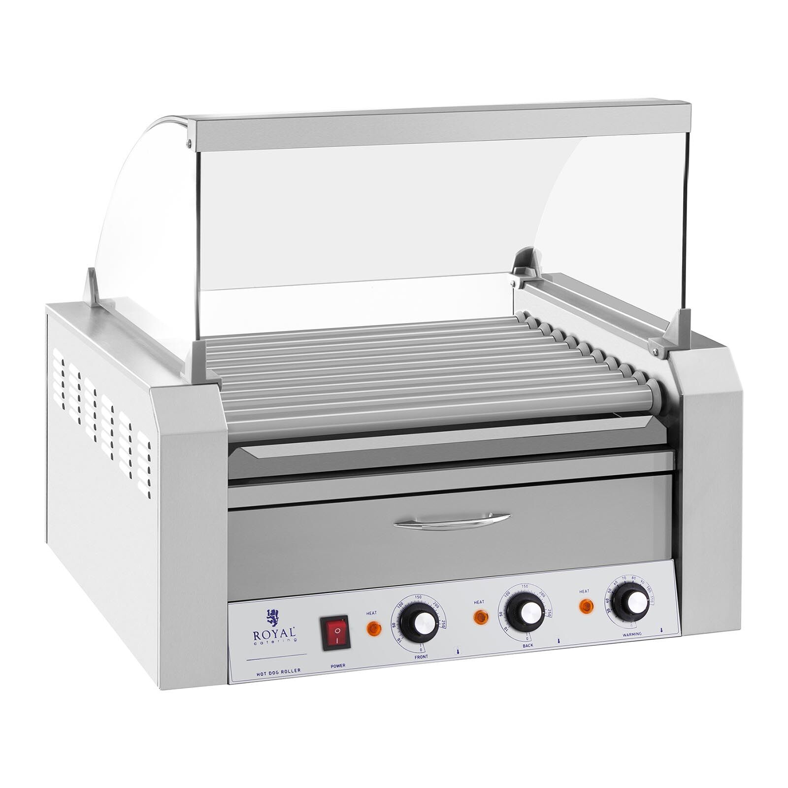 Royal Catering Hotdog Grill - 11 rollers - Warming drawers - Stainless steel RCHG-11WO