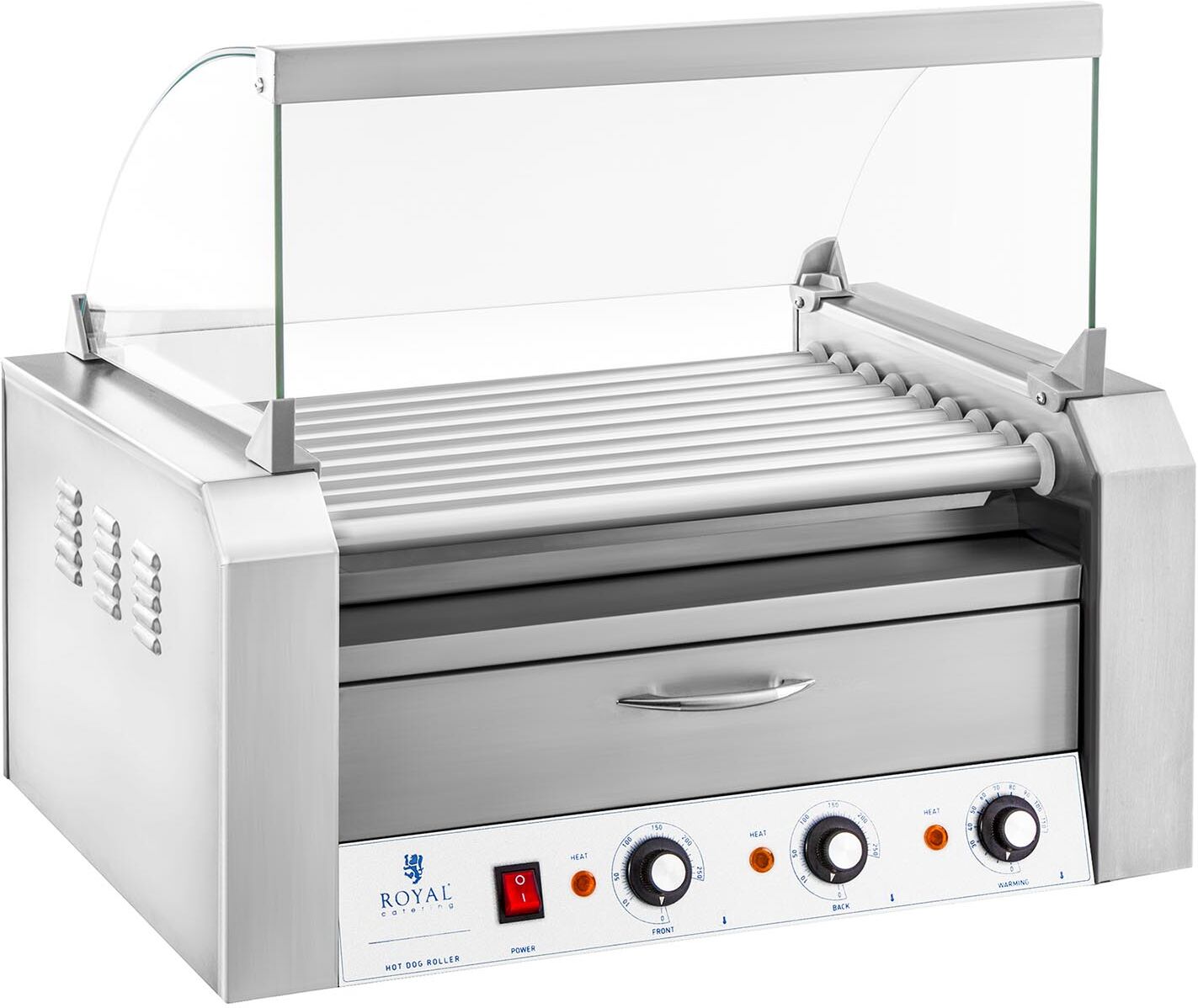 Royal Catering Hotdog Grill - 9 rollers - Warming drawers - Stainless steel RCHG-9WO Royal Catering Hotdog Grill - 9 rollers - Warming drawers - Stainless steel RCHG-9WO