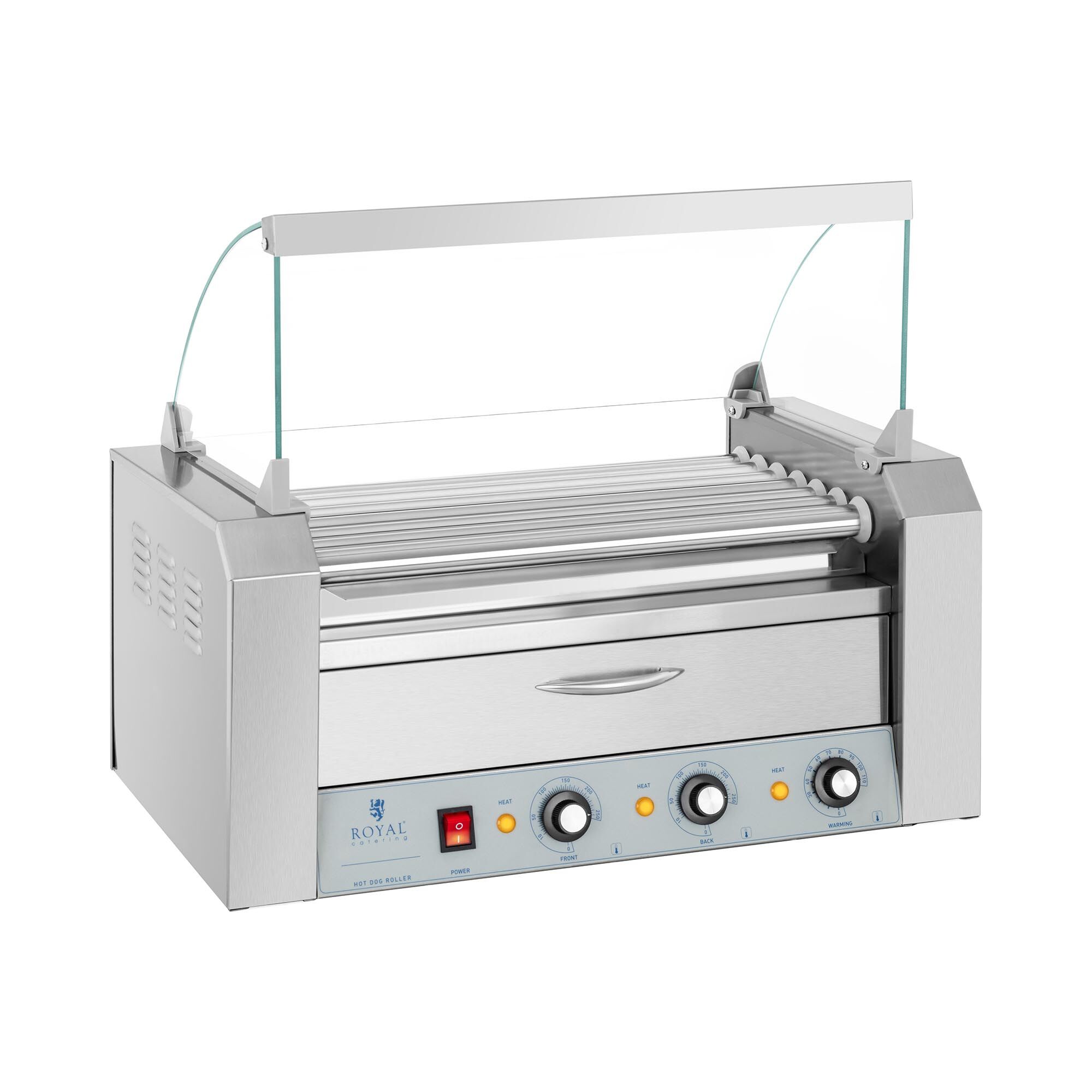 Royal Catering Hot Dog Grill - 7 rollers - warming drawer - stainless steel RC-RG7DC