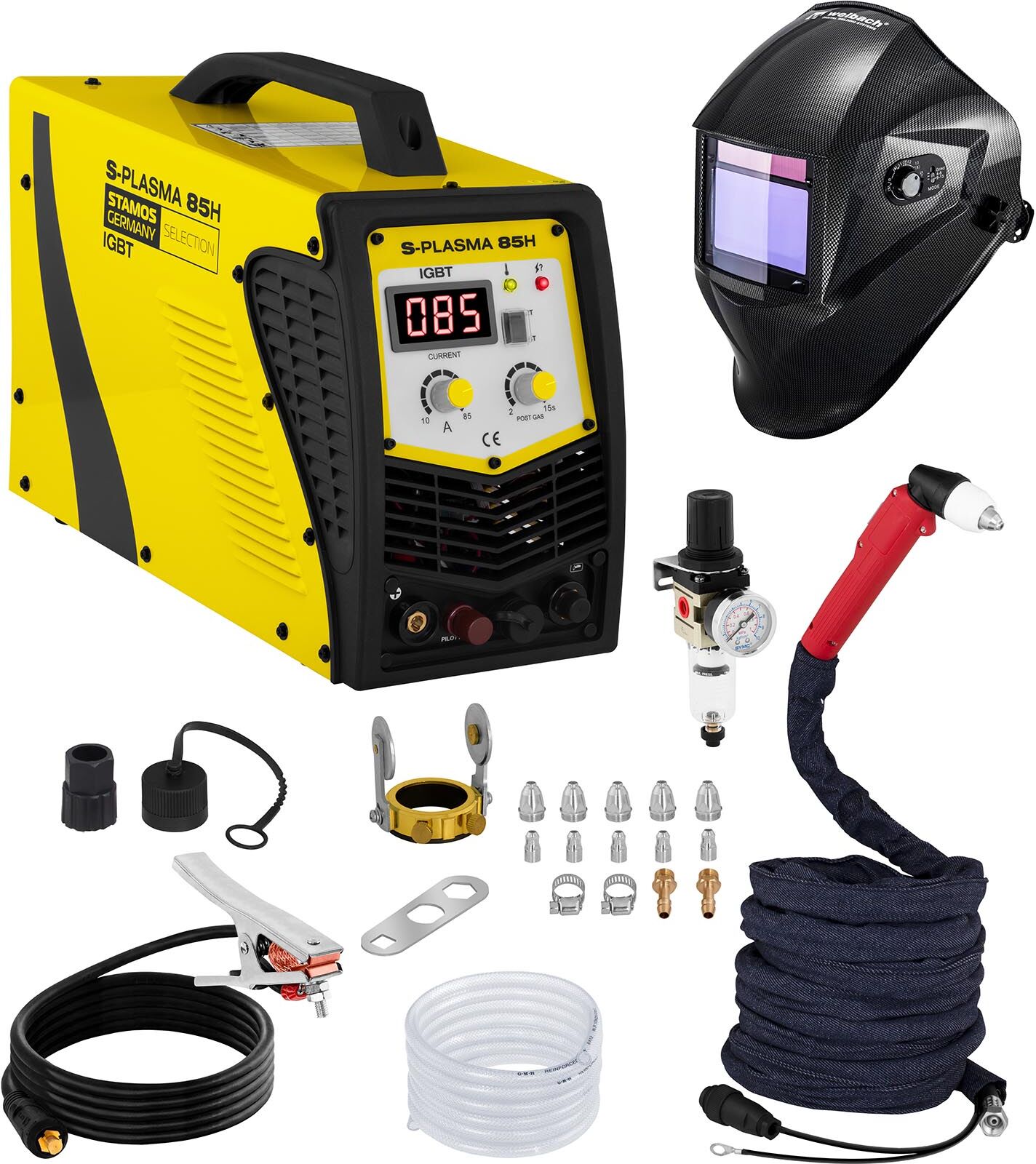 Stamos Selection Welding Set Plasma Cutter - 85 A - 400 V - Pilot Ignition + Welding helmet – Carbonic - PROFESSIONAL SERIES Stamos Selection Welding Set Plasma Cutter - 85 A - 400 V - Pilot Ignition + Welding helmet – Carbonic - PROFESSIONAL SERIES