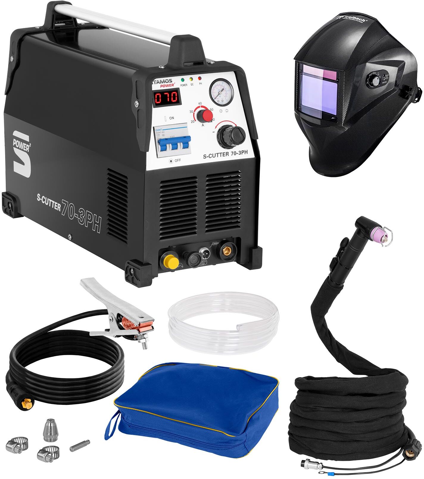 Stamos Power ² Welding Set Plasma Cutter - 70 A - 400 V - Pilot Ignition + Welding helmet – Carbonic - PROFESSIONAL SERIES