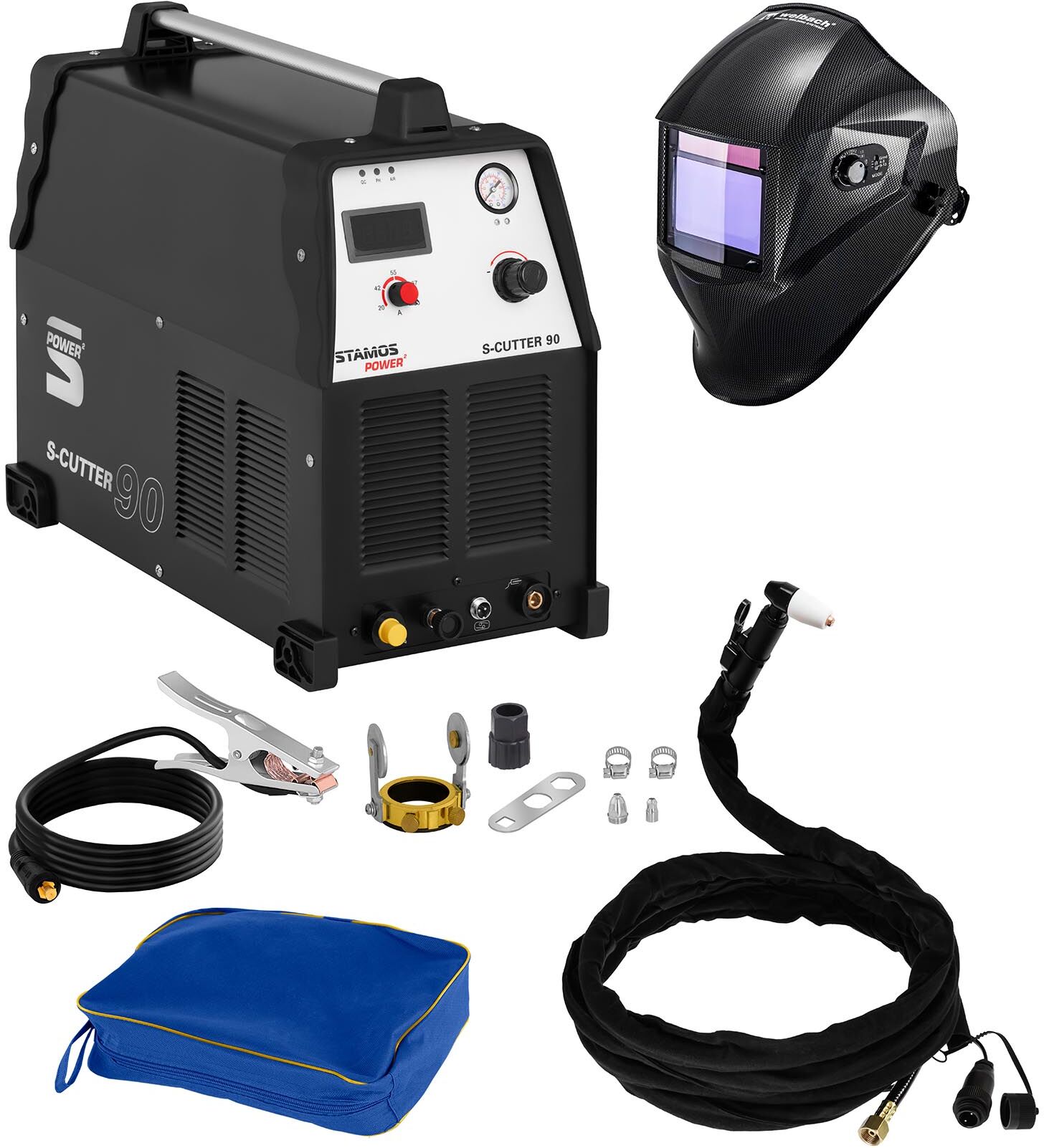 Stamos Power ² Welding Set Plasma Cutter - 90 A - 400 V - Pilot Ignition + Welding helmet – Carbonic - PROFESSIONAL SERIES Stamos Power ² Welding Set Plasma Cutter - 90 A - 400 V - Pilot Ignition + Welding helmet – Carbonic - PROFESSIONAL SERIES