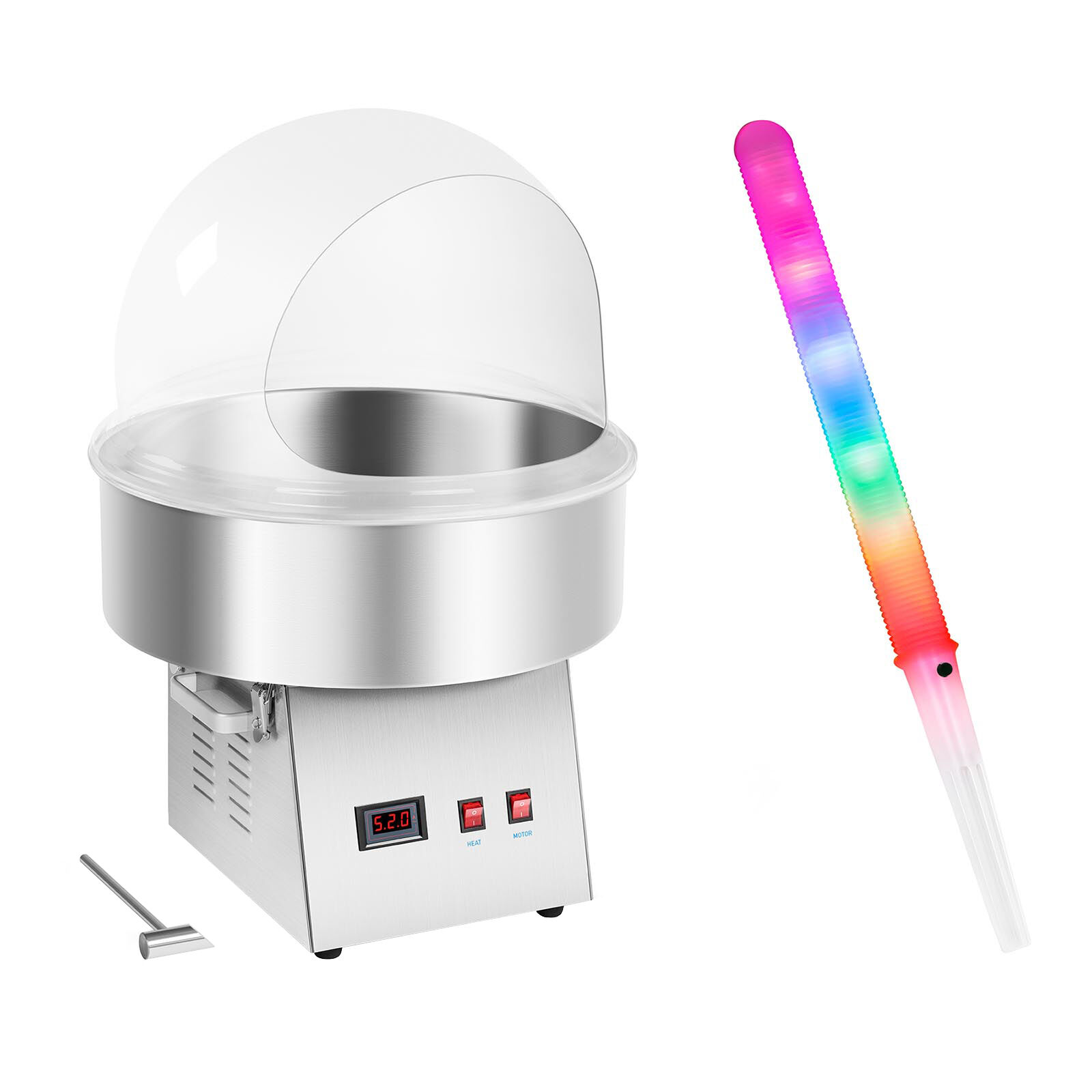 Royal Catering Candy Floss Machine Set with LED Cotton Candy Sticks - Sneeze Guard - 52 cm - 1,030 watts RCZK-1030-W SET2