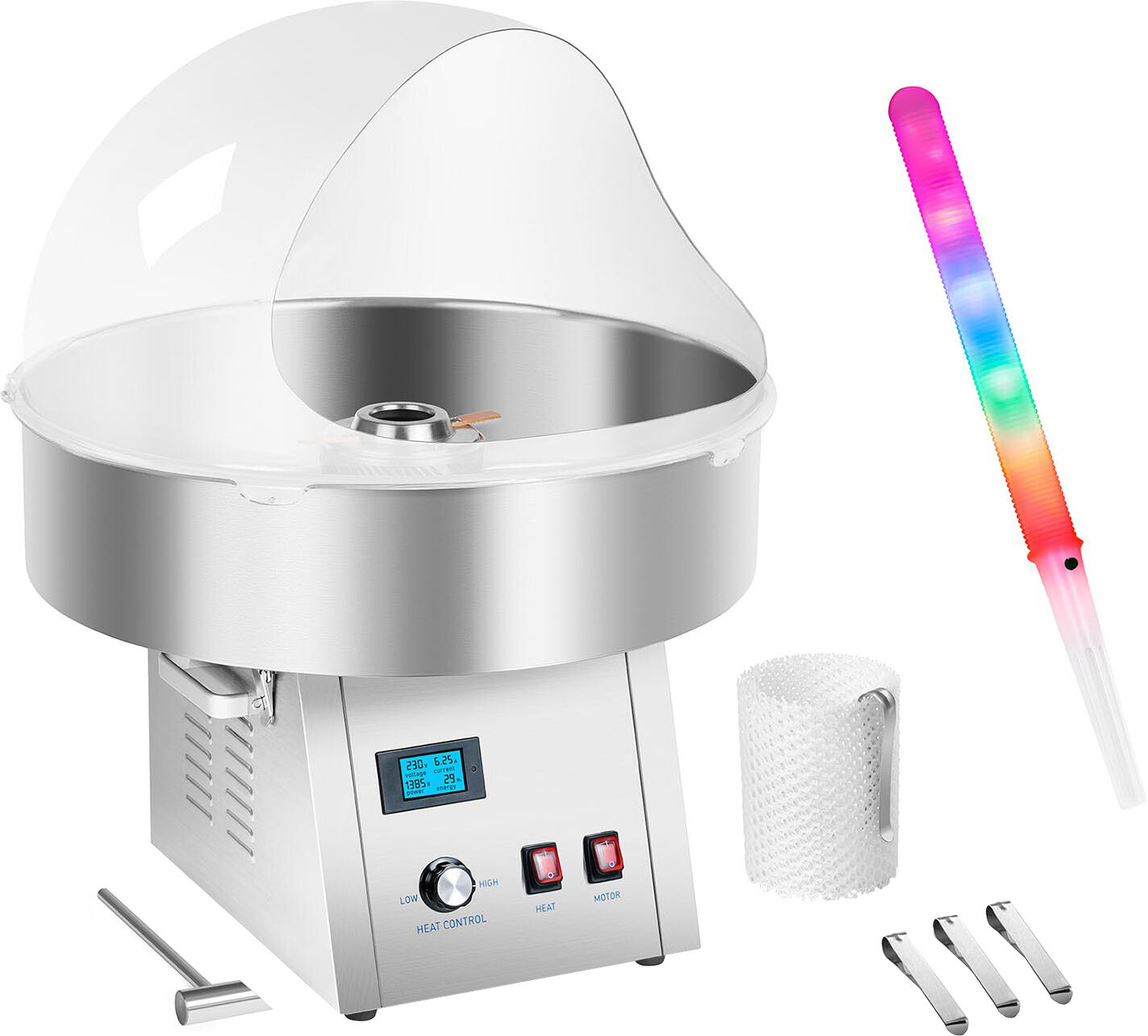 Royal Catering Candy Floss Machine Set with LED Cotton Candy Sticks - sneeze guard - stabiliser net - 62 cm - 1,500 W RCZK-1500S-W SET2