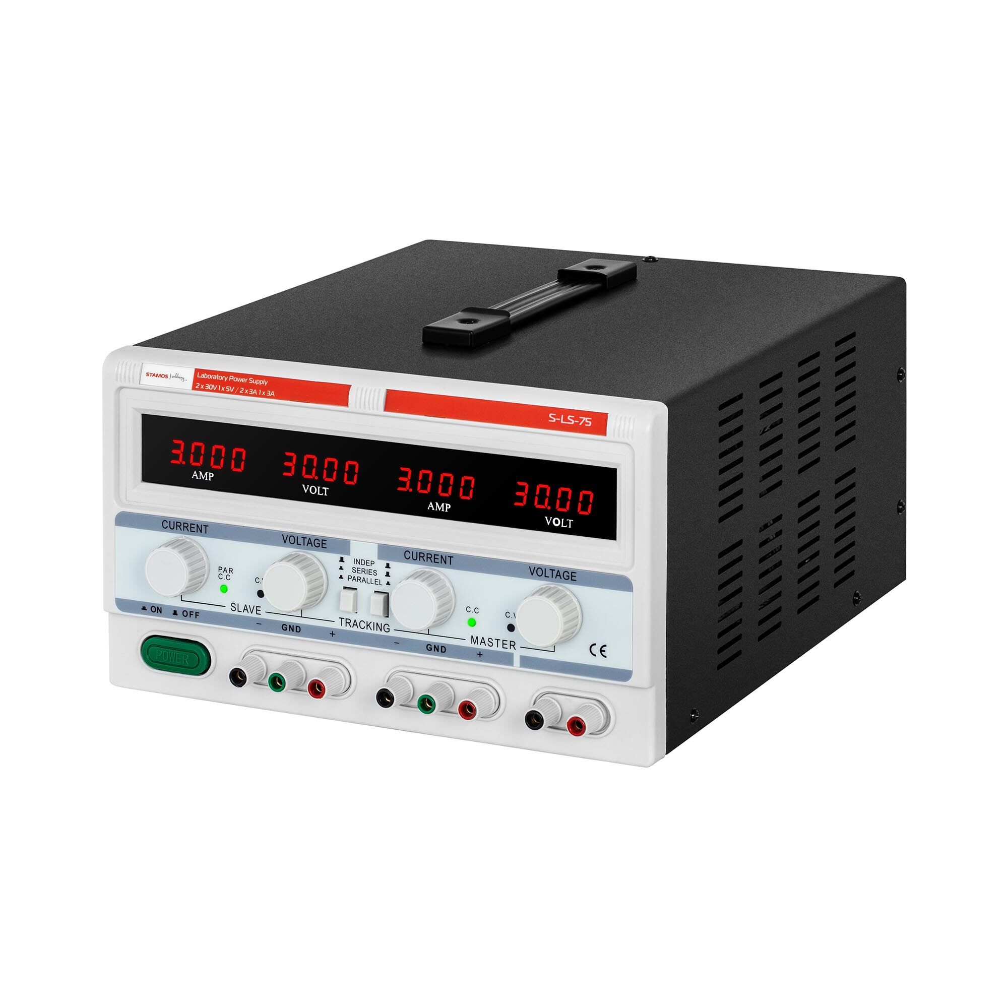 Stamos Soldering Laboratory Power Supply - 2 x 0-30 V / 0-3 A DC - 1 x 5 V / 3 A - 180 W S-LS-75 Stamos Soldering Laboratory Power Supply - 2 x 0-30 V / 0-3 A DC - 1 x 5 V / 3 A - 180 W S-LS-75
