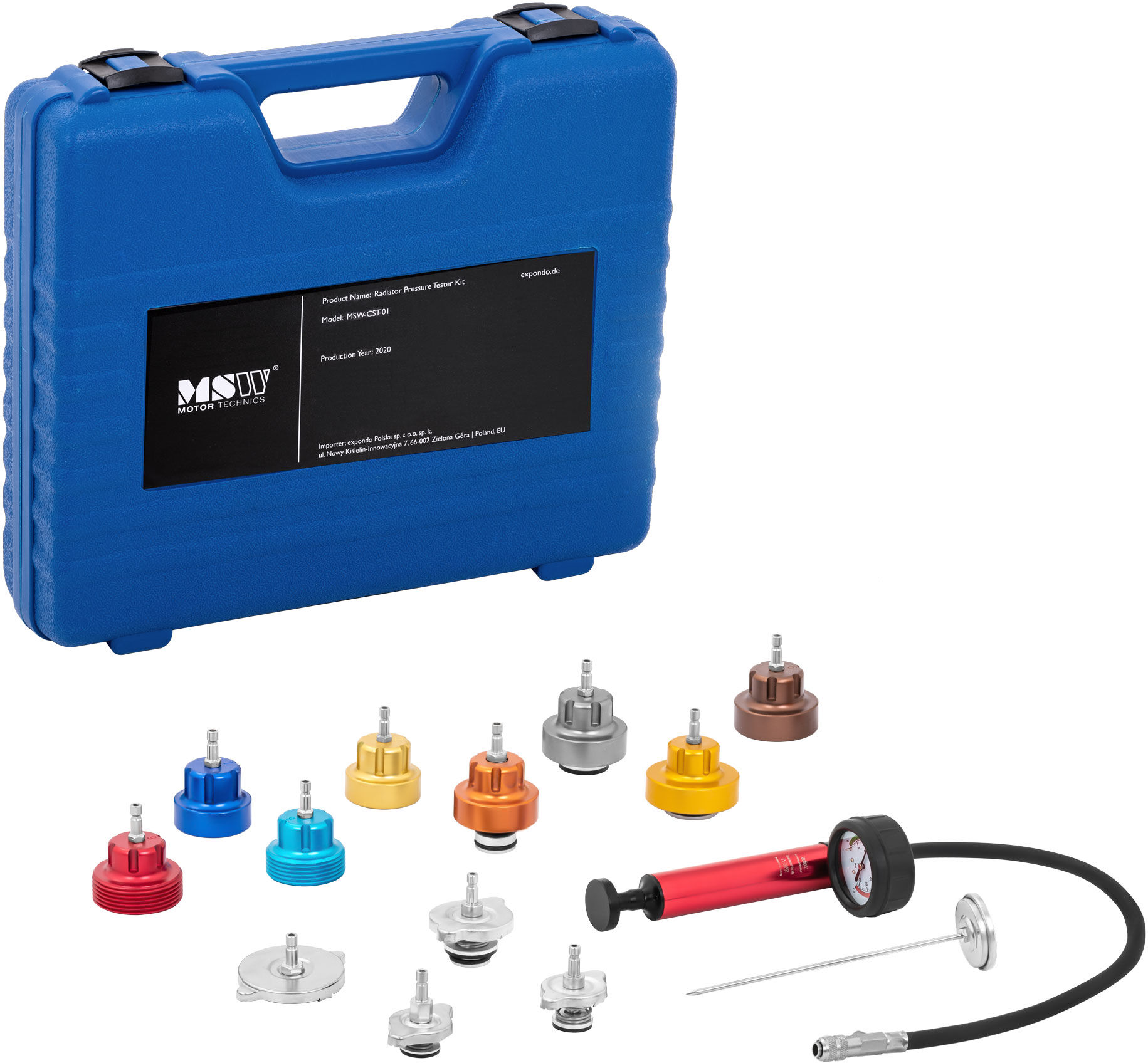 MSW Radiator Pressure Test Kit - 14 pcs. - 0-2.5 bar MSW-CST-01