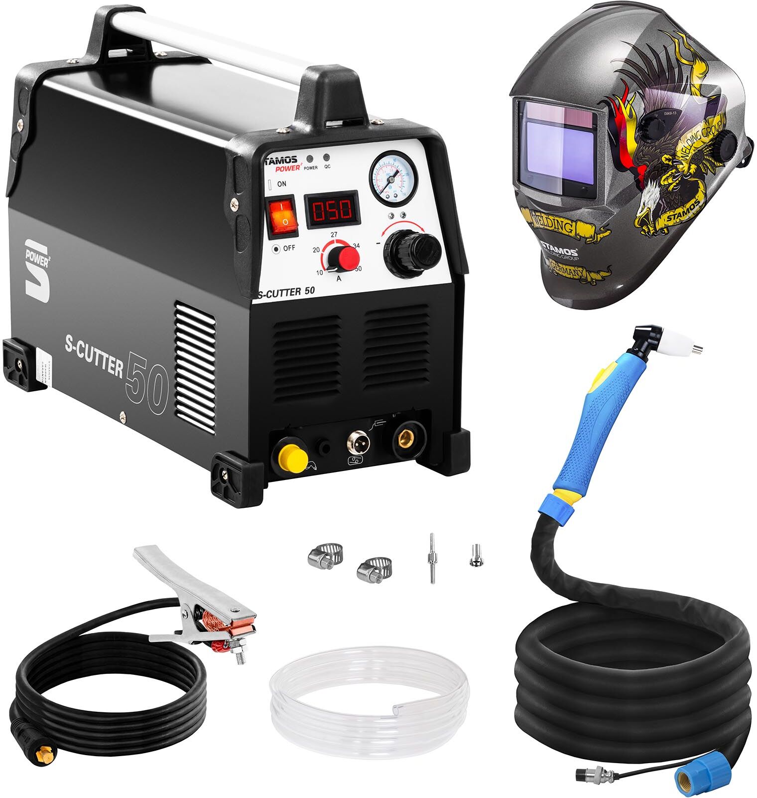 Stamos Power ² Welding Set Plasma Cutter - 50 A - 230 V - Pro + Welding helmet – Eagle Eye - ADVANCED SERIES Stamos Power ² Welding Set Plasma Cutter - 50 A - 230 V - Pro + Welding helmet – Eagle Eye - ADVANCED SERIES