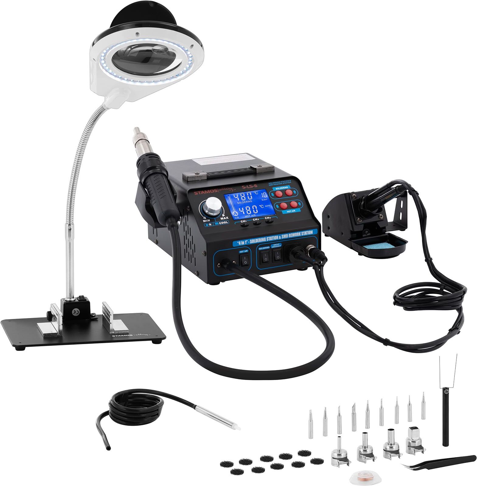 Stamos Soldering Set Soldering Station with Tin Roller Clamp and Soldering Smoke Vent + Accessoires S-LS-6 Stamos Soldering Set Soldering Station with Tin Roller Clamp and Soldering Smoke Vent + Accessoires S-LS-6