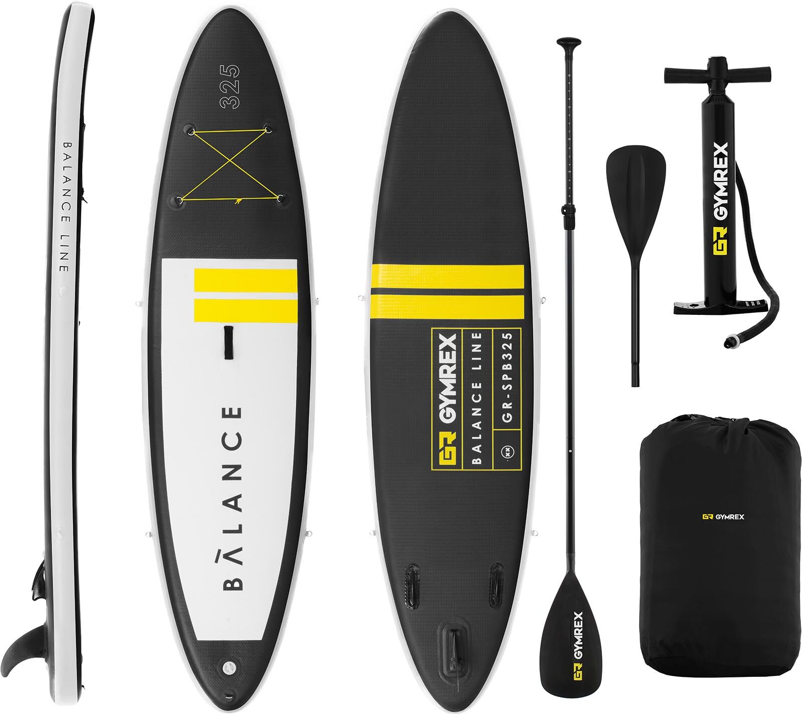 Gymrex Inflatable SUP Board - 145 kg - black/yellow - set with paddle and accessories GR-SPB325 Gymrex Inflatable SUP Board - 145 kg - black/yellow - set with paddle and accessories GR-SPB325