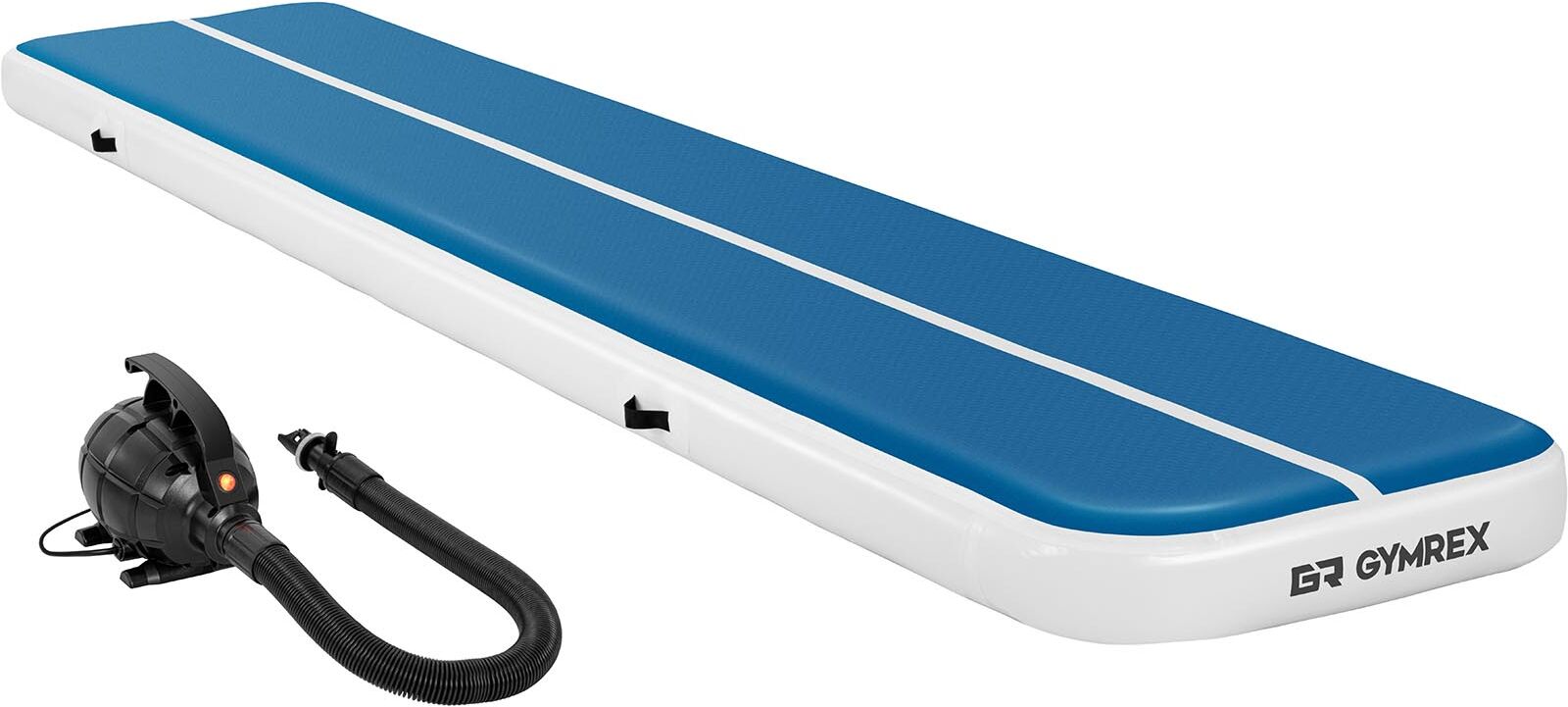 Gymrex Set: Inflatable Gym Mat - Airtrack with Electric Air Pump - 500 x 100 x 20 cm - 250 kg - blue/white GR-ATM6-SET Gymrex Set: Inflatable Gym Mat - Airtrack with Electric Air Pump - 500 x 100 x 20 cm - 250 kg - blue/white GR-ATM6-SET