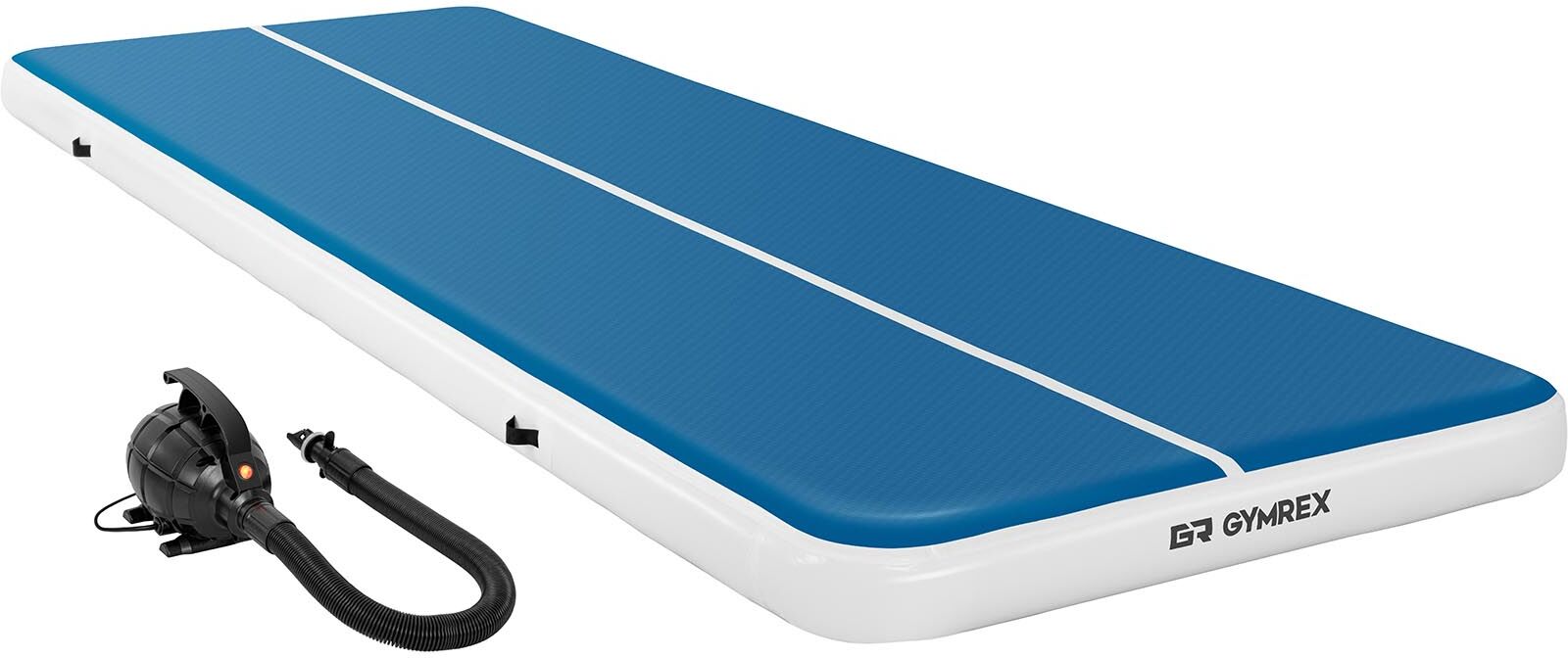 Gymrex Set: Inflatable Gym Mat - Airtrack with Electric Air Pump - 600 x 200 x 20 cm - 400 kg - blue/white GR-ATM9-SET Gymrex Set: Inflatable Gym Mat - Airtrack with Electric Air Pump - 600 x 200 x 20 cm - 400 kg - blue/white GR-ATM9-SET