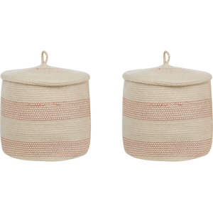 Beliani Set of 2 Storage Baskets Light Beige and Pink Cotton Striped with Lid Laundry Bins Boho Accessories Material:Cotton Size:33x32x33