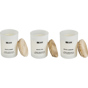 Beliani Set of 3 Scented Candles Multicolour 100% Soy Wax Cotton Wick White Glass Fragrance White Amber/White Tea/White Jasmine Material:Soy Wax Size:8x11x8