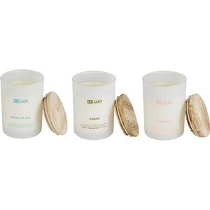 Beliani Set of 3 Scented Candles Multicolour 100% Soy Wax Cotton Wick White Glass Fragrance Leather/Wind of Sea/Amber Material:Soy Wax Size:8x11x8