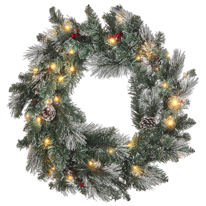 Beliani Christmas Wreath Green Synthetic Material 40 cm Pre Lit Artificial Snow Pine Cons Seasonal Home Decor Material:Synthetic Material Size:40x13x40