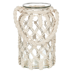 Beliani Lantern Off-White Glass 28x16cm Macrame Rope Handle Jar Single Candle Boho Material:Glass Size:16x28x16
