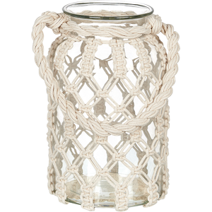 Beliani Lantern Off-White Glass 31x20cm Macrame Rope Handle Jar Single Candle Boho Material:Glass Size:20x31x20