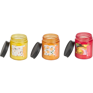 Beliani Set of 3 Scented Candles Multicolour 100% Soy Wax Cotton Wick Glass Fruity Fragrance Peach Redcurrent Yellow Berry Golden Apple  Material:Soy Wax Size:7x9x7