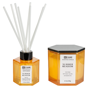 Beliani Set of Scented Candle and Fragrance Stick Diffuser Pink 100% Soy Wax Cotton Wick Glass Fruity Summer Meadow Material:Soy Wax Size:7x9x7
