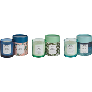 Beliani Set of 3 Scented Candles Multicolour 100% Soy Wax Cotton Wick Glass Floral Oriental Herb Fragrance Sage Sea Salt/Ocean/Aloha Orchid Material:Soy Wax Size:8x9x8