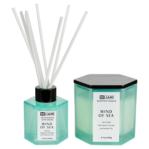 Beliani Set of Scented Candle and Fragrance Stick Diffuser Blue 100% Soy Wax Cotton Wick Glass Fresh Wind of Sea Material:Soy Wax Size:7x9x7
