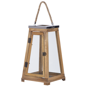 Beliani Pine Wood Lantern Brown 39 cm Pillar Candle Holder Glass Doors Indoor Decorative Piece Material:Pine Wood Size:19x39x19